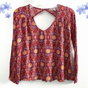 Gypsies & Moondust floral long sleeve rayon top, purple red orange